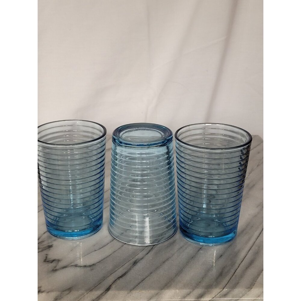 KIG Indonesia 4" Juice Glass Blue Concentric Ribbed Circular Pattern Vintage Set - Picture 5 of 13